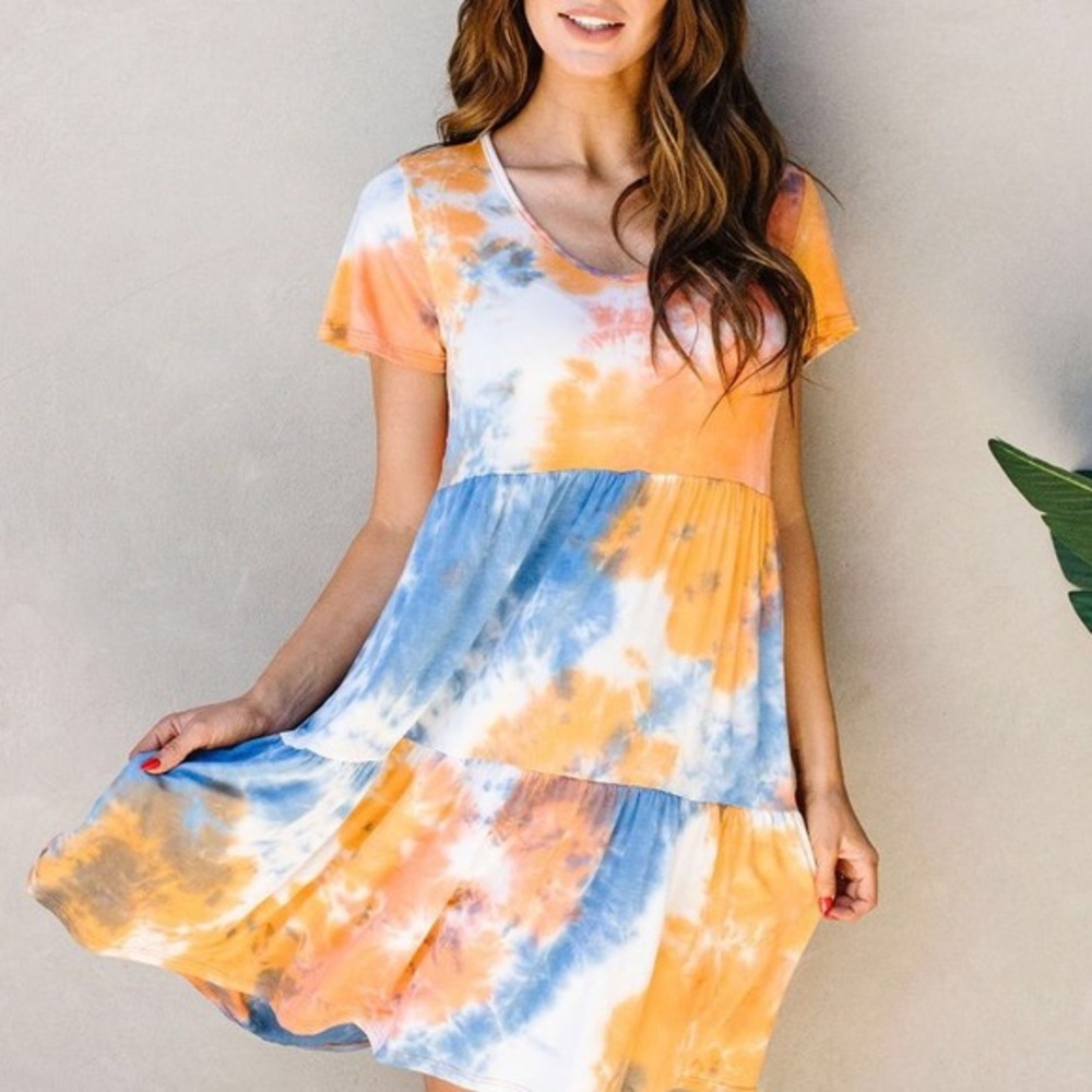 TIERED TIE DYE DRESS IN ORANGE & BLUE